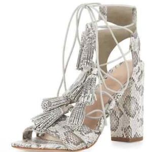 Loeffler Randall Luz Snake Print Cream/Grey Tassel Detail Cage Heel Sandals 6.5